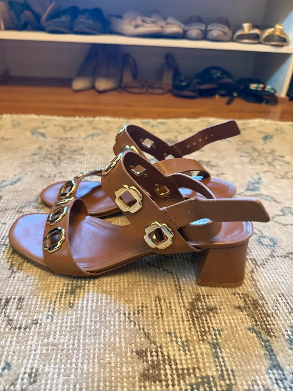 Larroude Brown Leather Strappy Block Heel Sandals with Gold Buckles